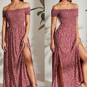 Off-Shoulder Smocked Maxi Dress in Dusty Rose Floral